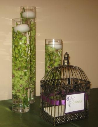Green dendrobium orchids in water for the gift table