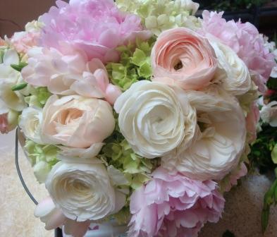 Christy's bouquet of pink peonies white and peach ranunculas 