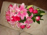 Cascade pink rose with pink oriental lilies.